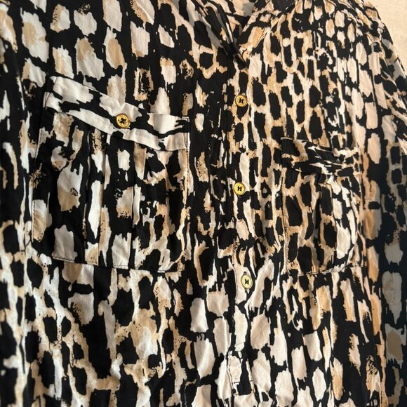 Calvin Klein Black Beige Animal Print Long Roll Tab Sleeves Buttons Up Shirt - Picture 2 of 7